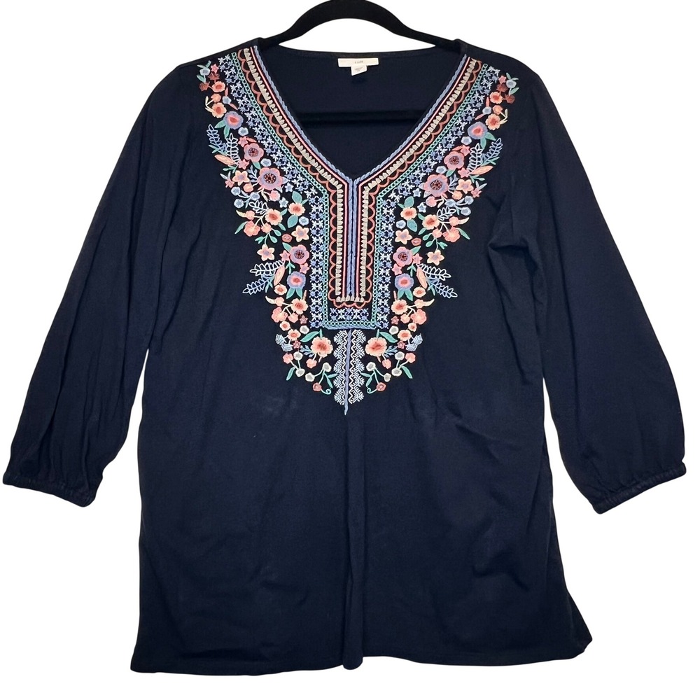 J. Jill Navy Blue Embroidered Floral V-Neck Tunic Top XS Cotton Modal 3/4 Sleeve